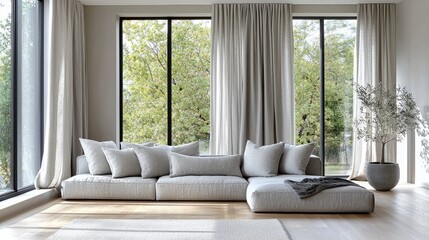 Modern Minimalist Living Room with Large Windows and Neutral Tones Featuring Cozy Sofa and Natural Light
