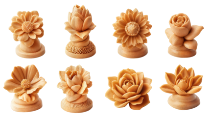 Crafted Wooden Flower Sculptures Showcase Intricate Designs and Natural Beauty in Various Shapes and Sizes