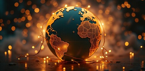 A detailed globe with glowing golden string lights encircling it, representing New Year festivities around the world. Fireworks explode in the dark sky, creating a vibrant and unifying atmosphere.