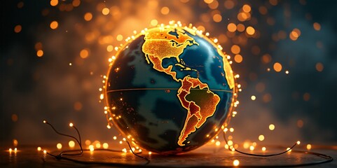 A detailed globe with glowing golden string lights encircling it, representing New Year festivities around the world. Fireworks explode in the dark sky, creating a vibrant and unifying atmosphere.