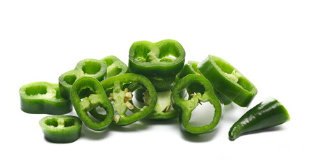 Fresh green paprika, slice pepper isolated on white, side view