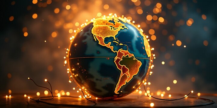 A detailed globe with glowing golden string lights encircling it, representing New Year festivities around the world. Fireworks explode in the dark sky, creating a vibrant and unifying atmosphere.