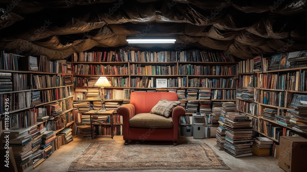 Poster A secluded reading nook features a red armchair beside a lamp. Surrounding walls are filled with countless books, creating a tranquil space perfect for literary exploration.