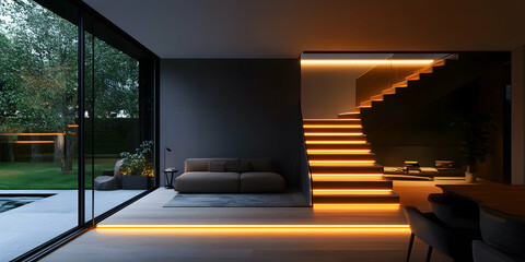 Contemporary Home Interior with LED-Lit Staircase-