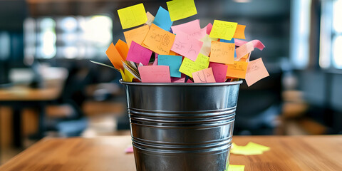 Office Trash Can Overflowing with Colorful Sticky Notes, Symbolizing Workplace Creativity-