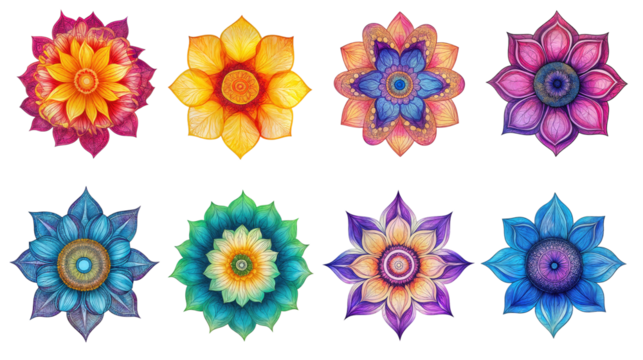 Vibrant Collection of Eight Intricate Floral Mandalas Showcasing Diverse Colors and Patterns in a Symmetrical Arrangement