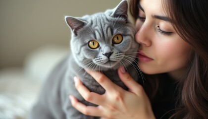 In this heartwarming image, a woman gently nuzzles her adorable gray cat, their faces close together, radiating warmth and affection. The cat's striking golden eyes and the woman's soft smile create a