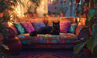 A bohemian-inspired lounge, a curious black cat sitting on a colorful patterned sofa adorned with layered throws and vibrant cushions, surrounded by plants