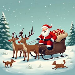 Santa Claus está listo para repartir regalos en su trineo tirado por renos en un paisaje nevado, acompañado por dos pequeños renos juguetones
