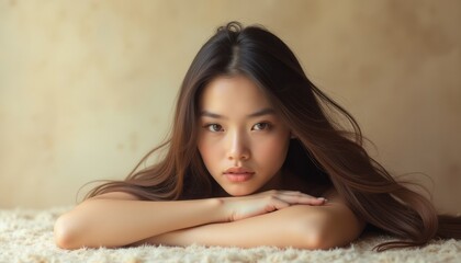 Naklejka premium A young woman with long, flowing hair rests her chin on her arms, gazing directly at the viewer with an expression that blends curiosity and calm. The soft, neutral background enhances her delicate