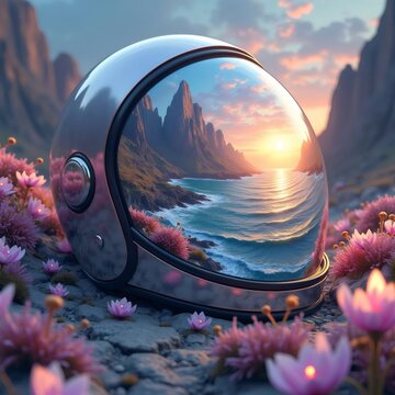 El casco espacial refleja un paisaje impresionante con monta&ntilde;as escarpadas, un oc&eacute;ano tranquilo y un atardecer vibrante rodeado de flores rosadas en un entorno rocoso
