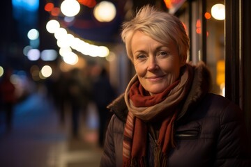 Portrait of a senior woman in the city at night. Shallow depth of field