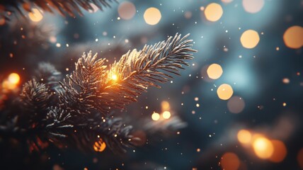 Frosted Pine Branch with Golden Lights and Bokeh