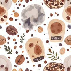 Watercolor seamless pattern with coffee equipments, coffee machines, coffee types on white background