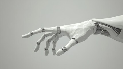A white cyborg robotic hand with an extended finger pointing toward a human hand with an extended finger. AI robot finger and human finger making contact, isolated on a gray background.