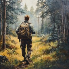 Obraz premium Abenteuerlicher Mann im Wald mit Rucksack