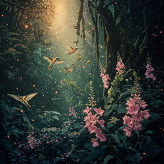 Enchanted Garden: Dance of the Hummingbirds. Generative AI