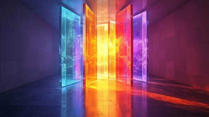 Vibrant multicolored glass panels in a dark hallway with dramatic lighting