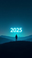 Fototapeta premium A lone silhouette stands on a hill under a starry night, gazing at glowing New Year numbers in the sky. The serene landscape includes soft rolling hills and a subtle aurora glow