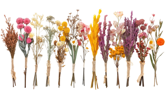 Dried Flower Arrangements Showcasing Colorful and Textured Blooms in a Minimalist Style Suitable for Home Decor or Events