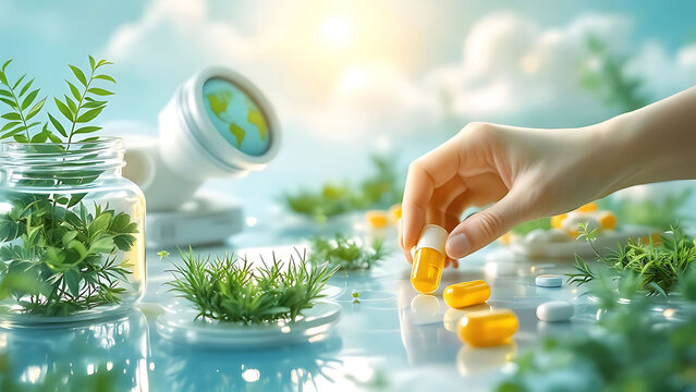 a person is picking up some yellow pills from a jar of plants and a clock in the background with a blue sky, Cyril Rolando, environmental art, biopunk