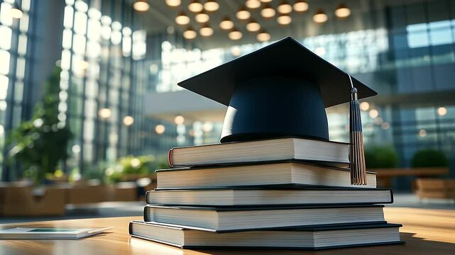 Graduation cap on top of a stack of reference books in a spacious, modern library with large windows letting in natural light, inspiring a future of learning