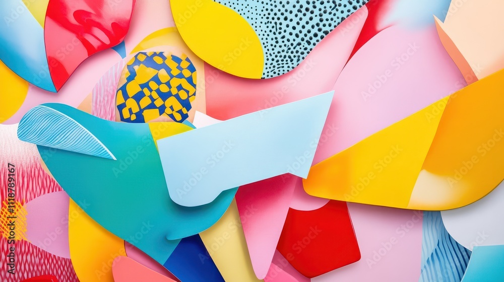 Poster an abstract painting featuring bright colors and various shapes creating a dynamic visual impact, di