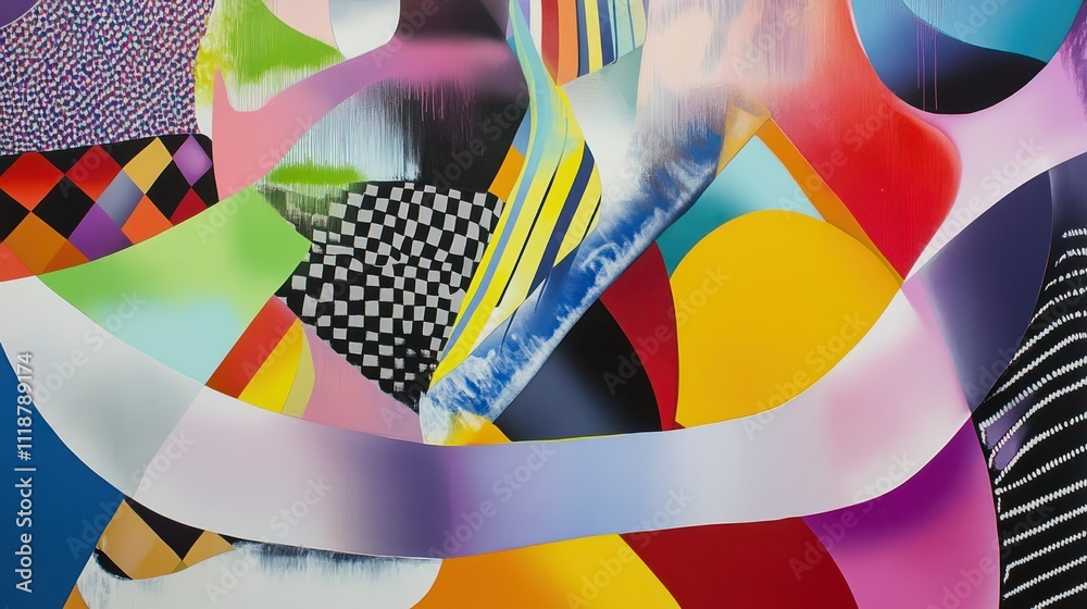 Poster an abstract painting featuring bright colors and various shapes creating a dynamic visual impact, di