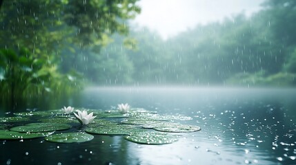 Rain falling on water lilies in a serene lake, misty forest background.