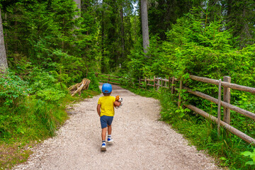 Fototapeta premium Child walking on path in forest holding plush toy