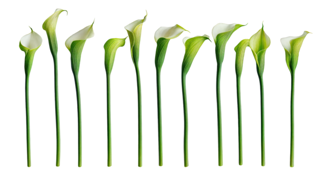 Calla Lilies Arranged in a Linear Formation, Showcasing Their Elegant Shape and Delicate White Petals Against a Plain Background