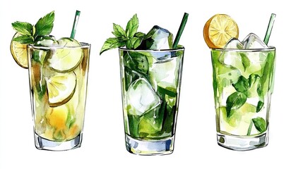 Three refreshing iced beverages with citrus and mint garnishes, showcasing colorful, artistic illustrations.