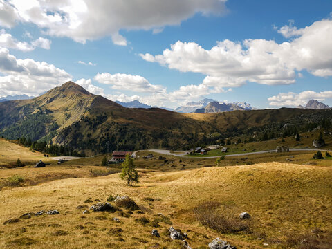 Panorama montano mozzafiato nelle Dolomiti italiane, con colline dorate, una strada tortuosa e un cielo azzurro punteggiato da nuvole bianche. L'immagine cattura la bellezza naturale e la tranquillit&agrave;