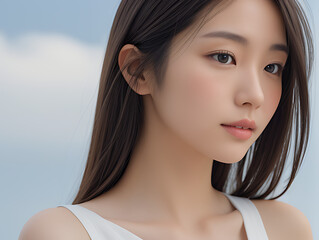 beautiful japanese woman looking at the camera, model-like translucent woman, generated ai