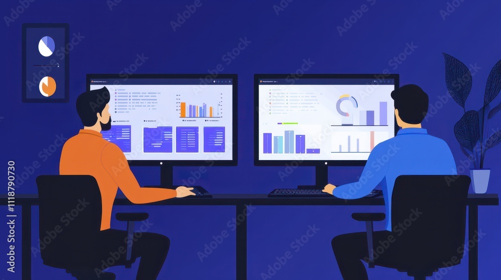 Poster business people analyze data and big data technology two businessmen calculate business analysis and