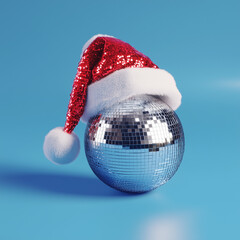 A 3D realistic Christmas hat and disco ball, isolated against a blue background.Minimal creative holiday concept.Copy space,flat lay