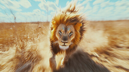 Lion is walking through a field of grass. The lion is the main focus of the image, and the grass...