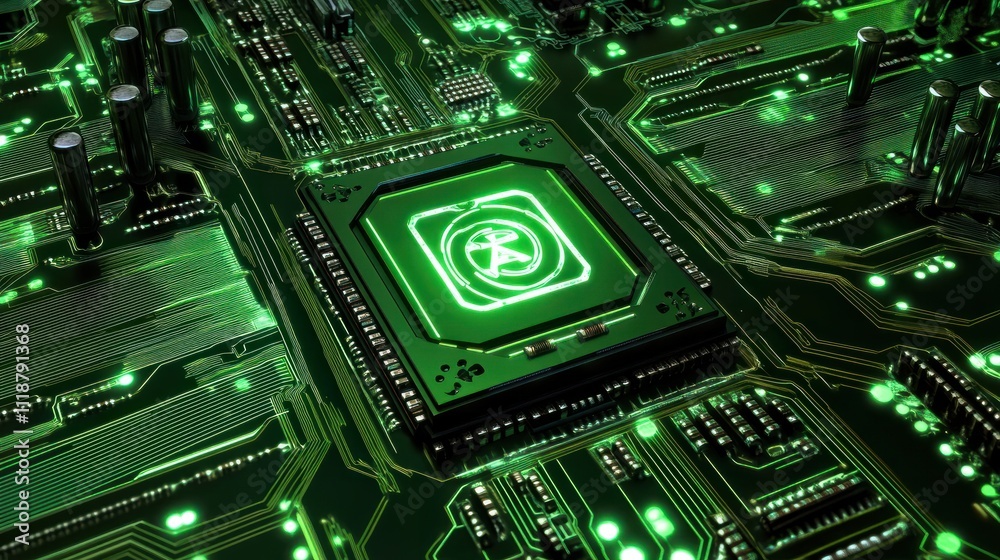 Poster chrome computer chip with ai engraving on green circuit board with glowing patterns
