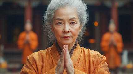 Portrait of calm senior woman with grey hair wearing orange clothes, praying with hands joined in buddhist temple