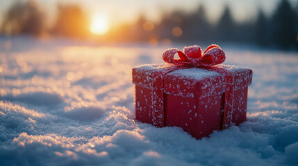 Red christmas gift box with a red ribbon covered with snow in a winter landscape at sunset