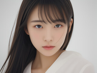 beautiful japanese woman looking at the camera, model-like translucent woman, generated ai