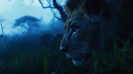 Lion is looking out of a vehicle window. The sun is setting in the background