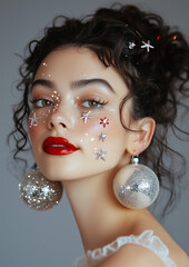 A beautiful woman with dark hair, wearing large round earrings and red lipstick, adorned with star-shaped Christmas decorations on her face, set against a gray background.