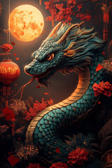 Fototapeta premium Illustration vibrante pour le Nouvel An chinois 2025, serpent vert et or enroulé autour d'une lanterne lumineuse, décorée de pétards, enveloppes rouges et pleine lune éclatante