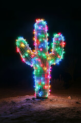 Colorful string lights wrapped around the shape of a cactus, against a black background.Minimal creative Christmas holiday concept.Copy space,flat lay 