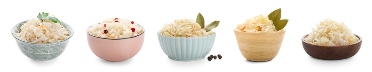 Bowls of delicious sauerkraut on white background