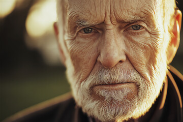 An elderly man with a contemplative expression, capturing a moment of introspection and wisdom in a detailed close-up portrait with warm lighting.