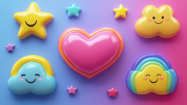 Colorful, playful cartoon clouds, stars, and a heart with smiling faces on a vibrant background.