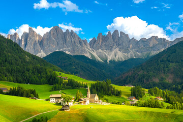 Santa maddalena church in val di funes with the odle mountains in the dolomites