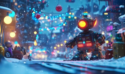A robotic elf workshop producing high-tech toys in a glowing snowy setting, vibrant energy all around,